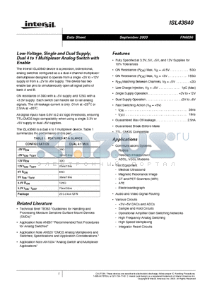 ISL43840 datasheet - Low-Voltage, Single and Dual Supply, Dual 4 to 1 Multiplexer Analog Switch with Enable