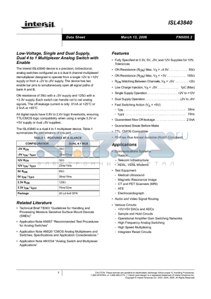 ISL43840 datasheet - Low-Voltage, Single and Dual Supply, Dual 4 to 1 Multiplexer Analog Switch with Enable