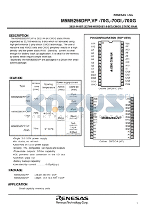 M5M5256DFP-70XG datasheet - 262144-BIT (32768-WORD BY 8-BIT) CMOS STATIC RAM