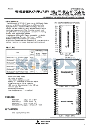 M5M5256DP-55XL-W datasheet - 262144-BIT (32768-WORD BY 8-BIT) CMOS STATIC RAM