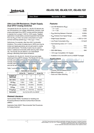 ISL43L120IR datasheet - Ultra Low ON-Resistance, Single Supply, Dual SPST Analog Switches