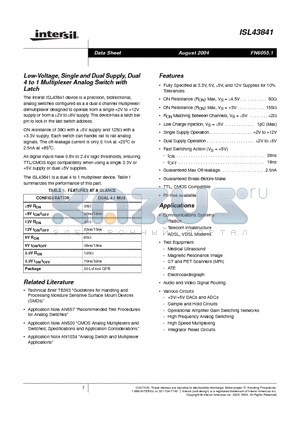 ISL43841_04 datasheet - Low-Voltage, Single and Dual Supply, Dual 4 to 1 Multiplexer Analog Switch with Latch