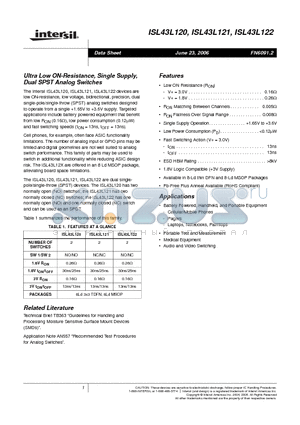 ISL43L120_06 datasheet - Ultra Low ON-Resistance, Single Supply, Dual SPST Analog Switches