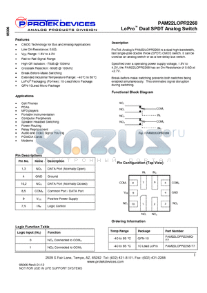 PAM22LOPR2268-T7 datasheet - LoPro Dual SPDT Analog Switch