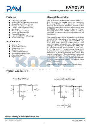 PAM2301 datasheet - 800mA Step-Down DC-DC Converters