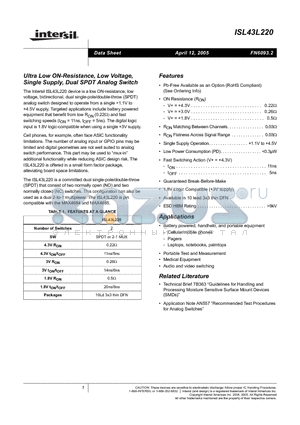 ISL43L220IR datasheet - Ultra Low ON-Resistance, Low Voltage,Single Supply, Dual SPDT Analog Switch