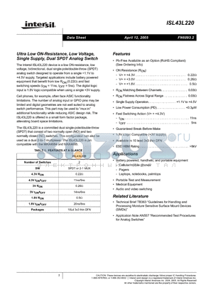 ISL43L220IRZ datasheet - Ultra Low ON-Resistance, Low Voltage,Single Supply, Dual SPDT Analog Switch