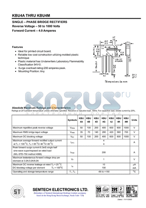 KBU4B datasheet - SINGLE - PHASE BRIDGE RECTIFIERS