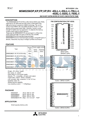 M5M5256FP-45XL-I datasheet - 262144-BIT (32768-WORD BY 8-BIT) CMOS STATIC RAM