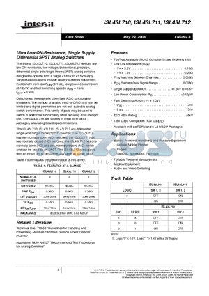 ISL43L710IU datasheet - Ultra Low ON-Resistance, Single Supply, Differential SPST Analog Switches