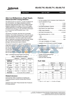 ISL43L712IRZ datasheet - Ultra Low ON-Resistance, Single Supply, Differential SPST Analog Switches