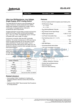 ISL43L410IRZ datasheet - Ultra Low ON-Resistance, Low Voltage, Single Supply, DPDT Analog Switch
