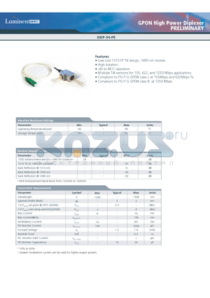 ODP-34-PAA-1250-SCA-R datasheet - GPON High Power Diplexer PRELIMINARY