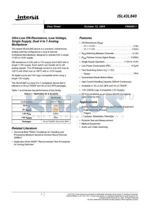 ISL43L840IV datasheet - Ultra Low ON-Resistance, Low-Voltage, Single Supply, Dual 4 to 1 Analog Multiplexer