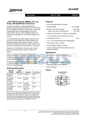 ISL4485EIBZ-T datasheet - a15kV ESD Protected, 20Mbps, 5V, Low Power, RS-485/RS-422 Transceiver
