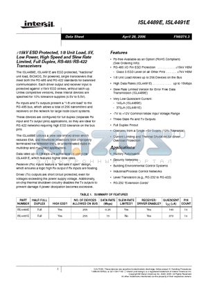 ISL4489E datasheet - a15kV ESD Protected, 1/8 Unit Load, 5V, Low Power, High Speed and Slew Rate Limited, Full Duplex, RS-485/RS-422 Transceivers