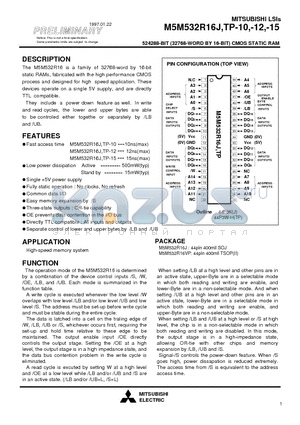 M5M532R16J-10 datasheet - 524288-BIT (32768-WORD BY 16-BIT) CMOS STATIC RAM