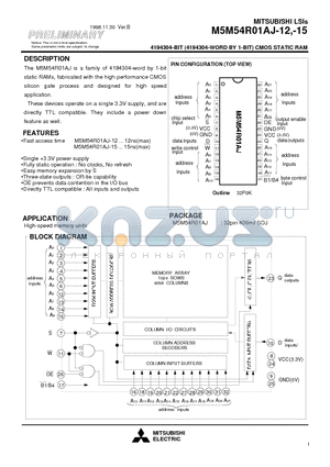 M5M54R01AJ-15 datasheet - 4194304-BIT (4194304-WORD BY 1-BIT) CMOS STATIC RAM