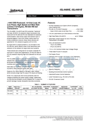 ISL4489EIB datasheet - a15kV ESD Protected, 1/8 Unit Load, 5V, Low Power, High Speed and Slew Rate Limited, Full Duplex, RS-485/RS-422 Transceivers