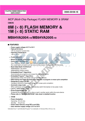 MB84VA2005-10 datasheet - 8M (x 8) FLASH MEMORY & 1M (x 8) STATIC RAM
