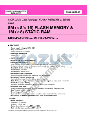 MB84VA2007-10 datasheet - 8M (x 8/x 16) FLASH MEMORY & 1M (x 8) STATIC RAM