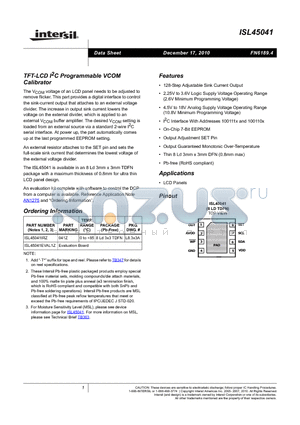 ISL45041IRZ datasheet - TFT-LCD I2C Programmable VCOM Calibrator