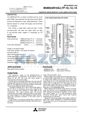 M5M564R16DJ-12 datasheet - 1048576-BIT (65536-WORD BY 16-BIT) CMOS STATIC RAM