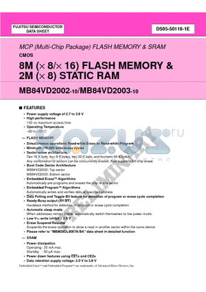 MB84VD2003-10 datasheet - 8M (x 8/x 16) FLASH MEMORY & 2M (x 8) STATIC RAM