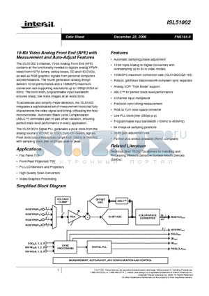 ISL51002 datasheet - 10-Bit Video Analog Front End (AFE) with Measurement and Auto-Adjust Features
