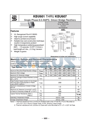 KBU602 datasheet - Single Phase 6.0 AMPS. Silicon Bridge Rectifiers