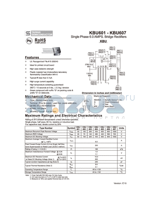 KBU603 datasheet - Single Phase 6.0 AMPS. Bridge Rectifiers