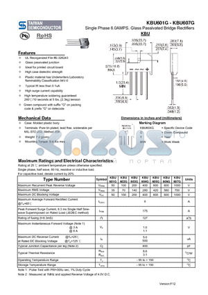 KBU603G datasheet - Single Phase 6.0AMPS. Glass Passivated Bridge Rectifiers