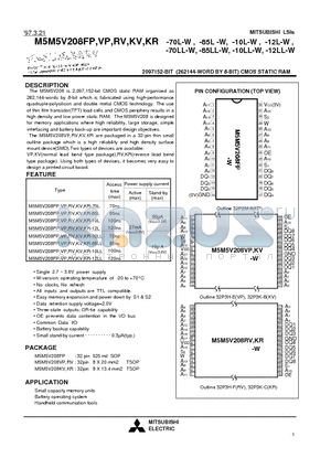 M5M5V208FP-70L-W datasheet - 2097152-BIT (262144-WORD BY 8-BIT) CMOS STATIC RAM