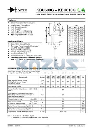 KBU604G datasheet - 6.0A GLASS PASSIVATED SINGLE-PHASE BRIDGE RECTIFIER