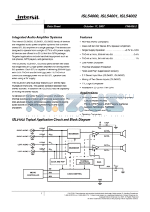 ISL54000 datasheet - Integrated Audio Amplifier Systems