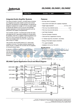 ISL54002 datasheet - Integrated Audio Amplifier Systems