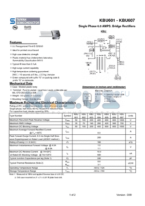 KBU606 datasheet - Single Phase 6.0 AMPS. Bridge Rectifiers