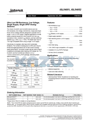 ISL54051_0709 datasheet - Ultra Low ON-Resistance, Low Voltage, Single Supply, Single SPST Analog Switches