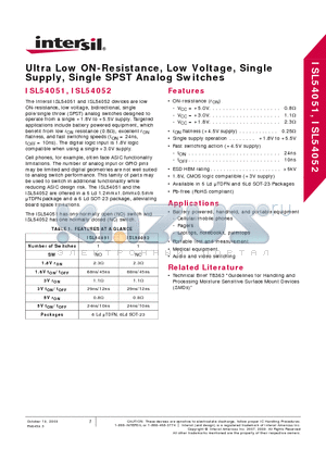 ISL54052 datasheet - Ultra Low ON-Resistance, Low Voltage, Single Supply, Single SPST Analog Switches