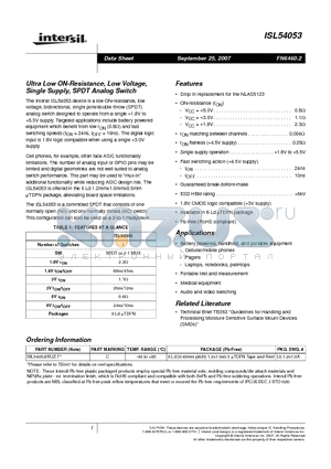 ISL54053 datasheet - Ultra Low ON-Resistance, Low Voltage, Single Supply, SPDT Analog Switch