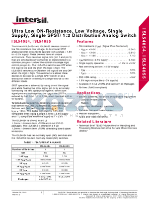 ISL54055 datasheet - Ultra Low ON-Resistance, Low Voltage, Single Supply, Single SPST/1:2 Distribution Analog Switch