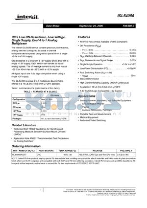 ISL54058 datasheet - Ultra Low ON-Resistance, Low-Voltage, Single Supply, Dual 4 to 1 Analog Multiplexer