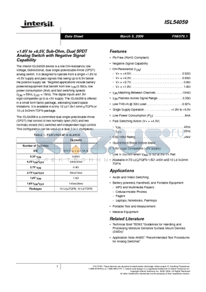 ISL54059IRTZ datasheet - 1.8V to 6.5V, Sub-Ohm, Dual SPDT Analog Switch with Negative Signal Capability