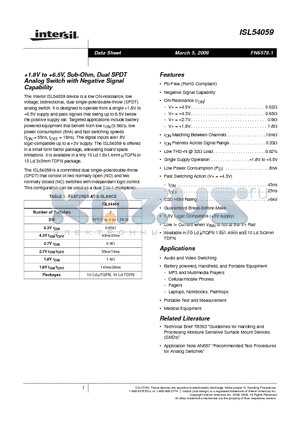 ISL54059 datasheet - 1.8V to 6.5V, Sub-Ohm, Dual SPDT Analog Switch with Negative Signal Capability