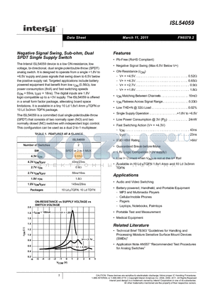 ISL54059IRTZ-T datasheet - Negative Signal Swing, Sub-ohm, Dual SPDT Single Supply Switch