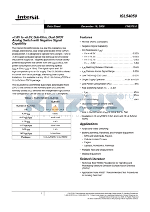 ISL54059IRUZ-T datasheet - 1.8V to 6.5V, Sub-Ohm, Dual SPDT Analog Switch with Negative Signal Capability