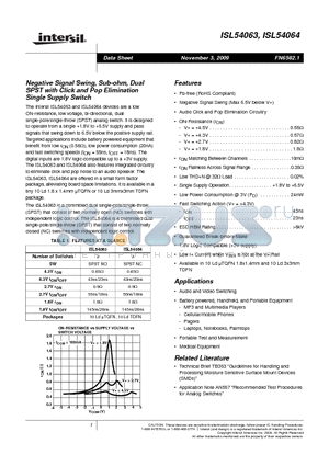 ISL54064 datasheet - Negative Signal Swing, Sub-ohm, Dual SPST