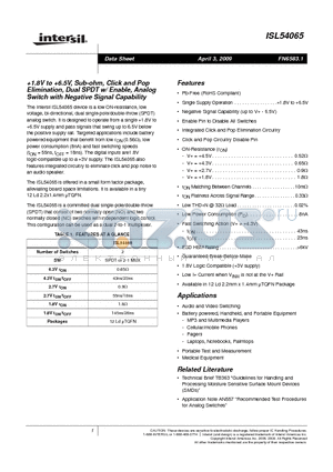 ISL54065 datasheet - 1.8V to 6.5V, Sub-ohm, Click and Pop Elimination, Dual SPDT w/ Enable, Analog Switch with Negative Signal Capability