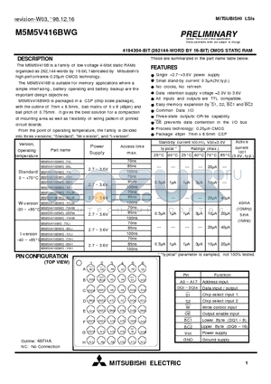 M5M5V416BWG-10HI datasheet - 4194304-BIT (262144-WORD BY 16-BIT) CMOS STATIC RAM
