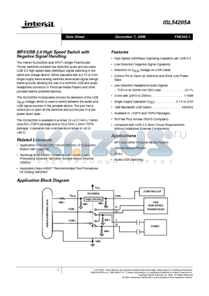 ISL54205AIRUZ-T datasheet - MP3/USB 2.0 High Speed Switch with Negative Signal Handling